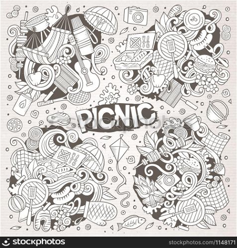 Line art vector hand drawn doodle cartoon set of picnic objects and symbols. Line art vector set of picnic doodle designs