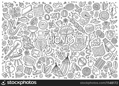 Line art vector hand drawn doodle cartoon set of picnic objects and symbols. Line art vector set of picnic objects