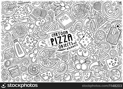 Line art vector hand drawn doodle cartoon set of Pizza theme items, objects and symbols. Set of Pizza items, objects and symbols