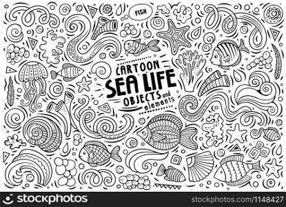 Line art vector hand drawn doodle cartoon set of Sea Life theme items, objects and symbols. Doodle cartoon set of Sea Life objects and symbols