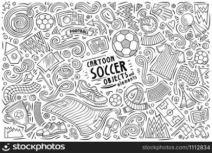 Line art vector hand drawn doodle cartoon set of Soccer theme items, objects and symbols. Vector doodle cartoon set of Soccer objects