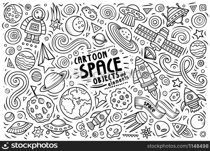 Line art vector hand drawn doodle cartoon set of SPACE theme items, objects and symbols. Doodle cartoon set of SPACE theme objects and symbols