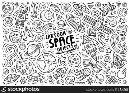 Line art vector hand drawn doodle cartoon set of SPACE theme items, objects and symbols. Doodle cartoon set of SPACE theme objects and symbols