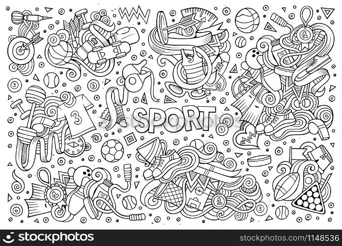 Line art vector hand drawn doodle cartoon set of Sport designs. Doodle cartoon set of Sport designs
