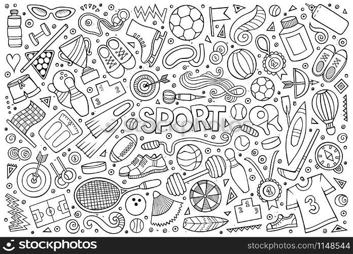 Line art vector hand drawn doodle cartoon set of Sport objects and symbols. Doodle cartoon set of Sport objects and symbols