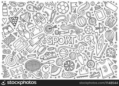 Line art vector hand drawn doodle cartoon set of Sport objects and symbols. Doodle cartoon set of Sport objects and symbols