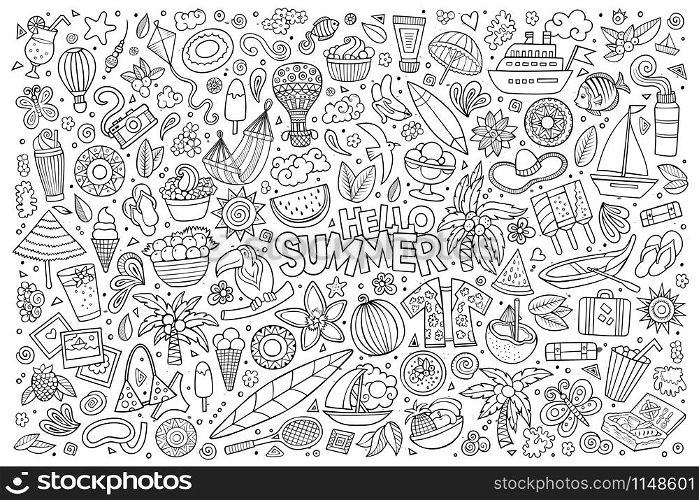 Line art vector hand drawn doodle cartoon set of summer time season objects and symbols. Line art vector set of summer objects