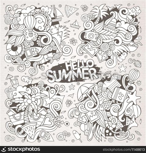Line art vector hand drawn doodle cartoon set of summer time season objects and symbols. Line art vector set of summer doodle designs
