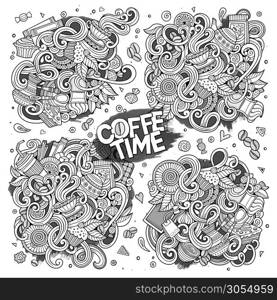 Line art vector hand drawn doodle cartoon set of tea and coffee theme items, objects and symbols. Vector doodle cartoon set of tea and coffe designs