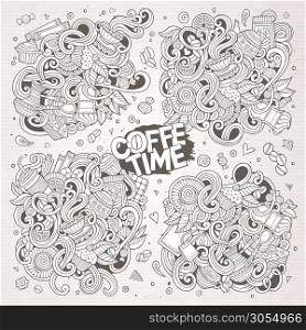 Line art vector hand drawn doodle cartoon set of tea and coffee theme items, objects and symbols. Paper background. Vector doodle cartoon set of tea and coffe designs