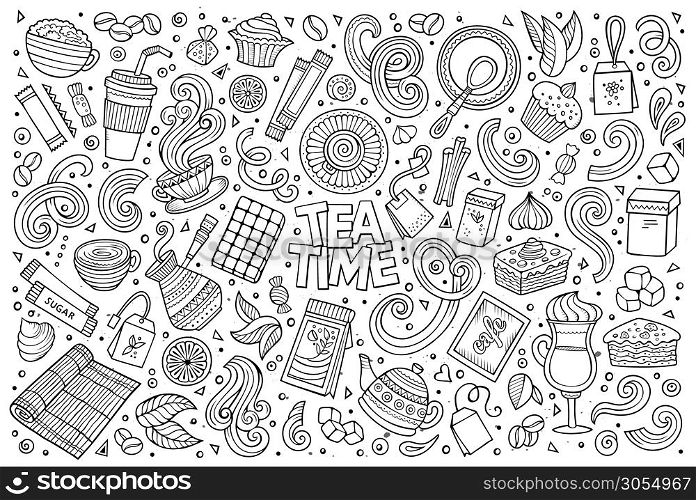 Line art vector hand drawn doodle cartoon set of tea and coffee theme items, objects and symbols. Vector doodle cartoon set of tea and coffe