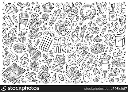 Line art vector hand drawn doodle cartoon set of tea and coffee theme items, objects and symbols. Vector doodle cartoon set of tea and coffe