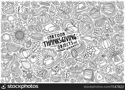 Line art vector hand drawn doodle cartoon set of Thanksgiving theme items, objects and symbols. Sketchy hand drawn doodle cartoon set of Thanksgiving objects and symbols