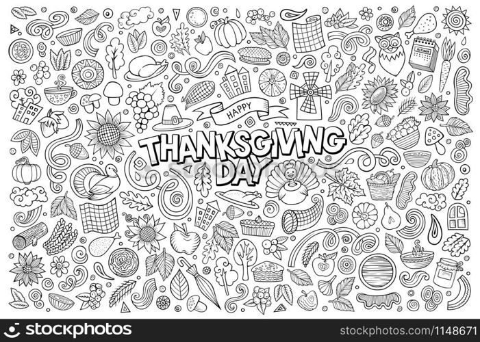 Line art vector hand drawn doodle cartoon set of Thanksgiving theme items, objects and symbols. Sketchy hand drawn doodle cartoon set of Thanksgiving objects and symbols