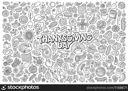 Line art vector hand drawn doodle cartoon set of Thanksgiving theme items, objects and symbols. Sketchy hand drawn doodle cartoon set of Thanksgiving objects and symbols