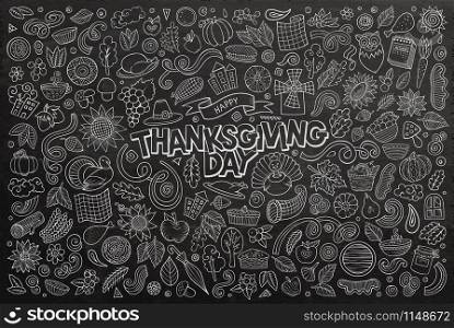 Line art vector hand drawn doodle cartoon set of Thanksgiving theme items, objects and symbols. Line art hand drawn doodle cartoon set of Thanksgiving objects and symbols