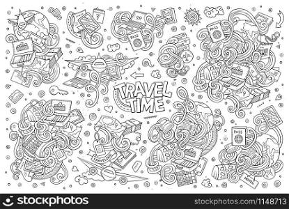 Line art vector hand drawn doodle cartoon set of travel planning theme items, objects and symbols. Vector doodle cartoon set of travel theme items