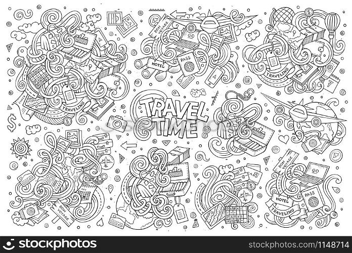 Line art vector hand drawn doodle cartoon set of travel planning theme items, objects and symbols. Set of travel planning objects and symbols