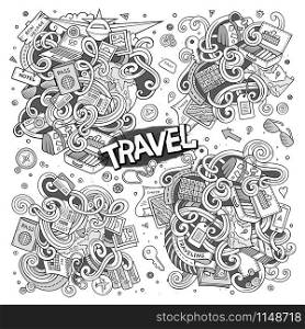 Line art vector hand drawn doodle cartoon set of travel planning theme items, objects and symbols. Set of travel planning objects and symbols