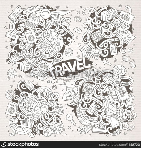 Line art vector hand drawn doodle cartoon set of travel planning theme items, objects and symbols. Paper background. Set of travel planning objects and symbols