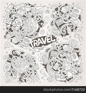 Line art vector hand drawn doodle cartoon set of travel planning theme items, objects and symbols. Paper background. Set of travel planning objects and symbols