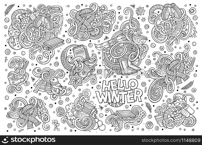 Line art vector hand drawn doodle cartoon set of Winter season objects and symbols. Cartoon set of Winter season doodles designs