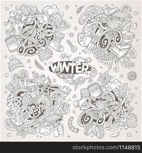 Line art vector hand drawn doodle cartoon set of Winter season objects and symbols. Cartoon set of Winter season doodles designs