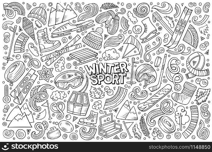 Line art vector hand drawn doodle cartoon set of Winter sports objects and symbols