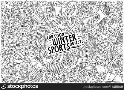 Line art vector hand drawn doodle cartoon set of Winter sports theme items, objects and symbols. Vector hand drawn doodle cartoon set of Winter sports objects and symbols