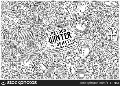 Line art vector hand drawn doodle cartoon set of Winter theme items, objects and symbols. Vector hand drawn doodle cartoon set of Winter objects and symbols