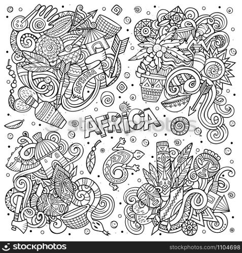 Line art vector hand drawn doodles cartoon set of Africa combinations of objects and elements. All items are separate. Vector hand drawn doodles cartoon set of Africa combinations of objects