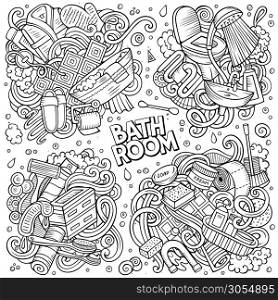 Line art vector hand drawn doodles cartoon set of Bathroom combinations of objects and elements. All items are separate. Line art vector doodles cartoon set of Bathroom combinations of objects
