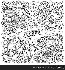 Line art vector hand drawn doodles cartoon set of Coffee combinations of objects and elements. All items are separate. Line art vector hand drawn doodles cartoon set of Coffee combinations of objects