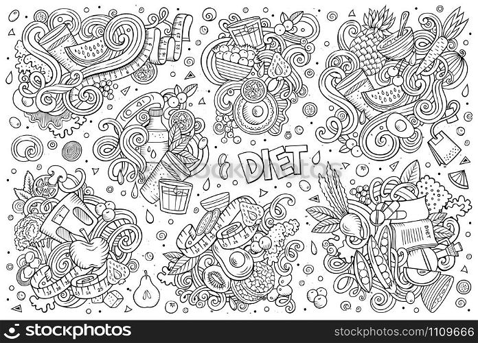Line art vector hand drawn doodles cartoon set of Diet food combinations of objects and elements. All items are separate. Vector doodles cartoon set of Diet food combinations of objects and elements