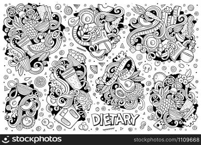 Line art vector hand drawn doodles cartoon set of Diet food combinations of objects and elements. All items are separate. Vector doodles cartoon set of Diet food combinations of objects and elements