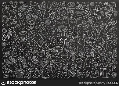 Line art vector hand drawn doodles cartoon set of Diet food objects and elements. Vector doodles cartoon set of Diet food objects and elements