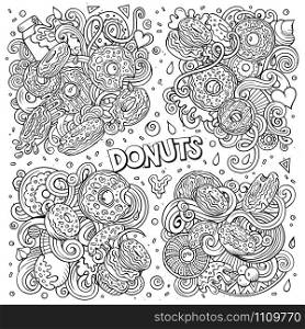 Line art vector hand drawn doodles cartoon set of Donuts combinations of objects and elements. All items are separate. Line art vector hand drawn doodles cartoon set of Donuts combinations of objects