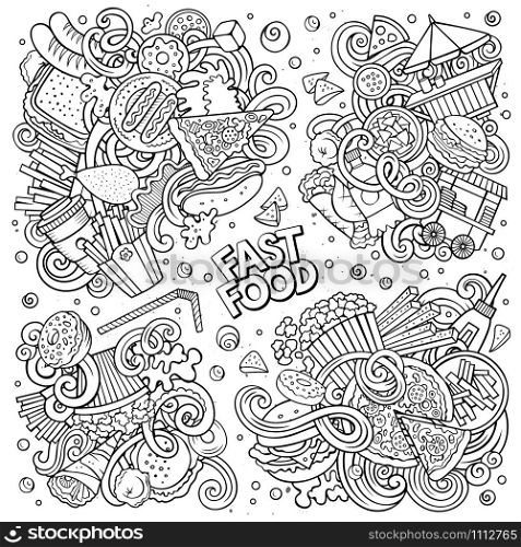 Line art vector hand drawn doodles cartoon set of Fastfood combinations of objects and elements. All items are separate. Line art vector doodles cartoon set of Fastfood combinations of objects