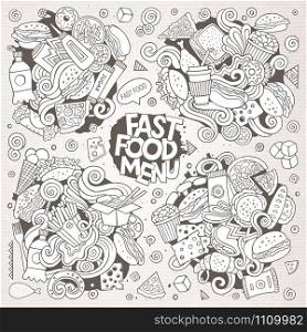 Line art vector hand drawn doodles cartoon set of food objects and symbols. Line art vector hand drawn doodles cartoon set of food objects