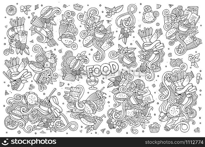 Line art vector hand drawn doodles cartoon set of food objects and symbols. Line art vector hand drawn doodles cartoon set of food objects