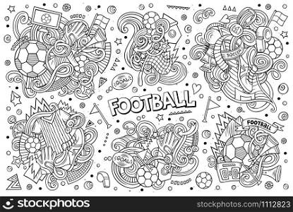 Line art vector hand drawn doodles cartoon set of football combinations of objects and elements. All items are separate. Vector doodles cartoon set of football combinations of objects