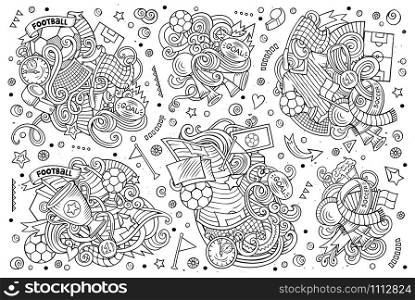 Line art vector hand drawn doodles cartoon set of football combinations of objects and elements. All items are separate. Vector doodles cartoon set of football combinations of objects