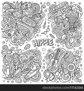 Line art vector hand drawn doodles cartoon set of Hippie combinations of objects and elements. All items are separate. Line art vector hand drawn doodles cartoon set of Hippie combinations of objects