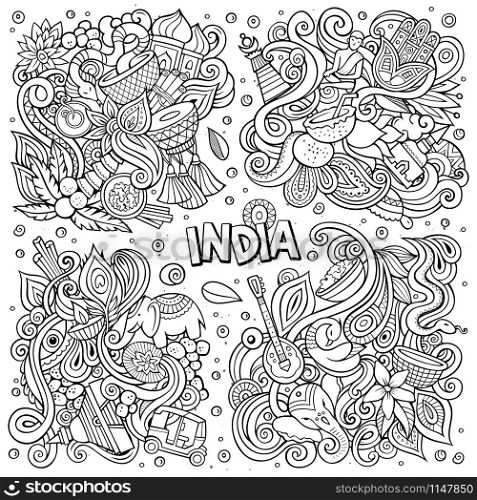 Line art vector hand drawn doodles cartoon set of India combinations of objects and elements. All items are separate. Line art vector hand drawn doodles cartoon set of India combinations of objects