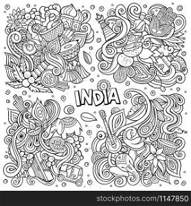 Line art vector hand drawn doodles cartoon set of India combinations of objects and elements. All items are separate. Line art vector hand drawn doodles cartoon set of India combinations of objects