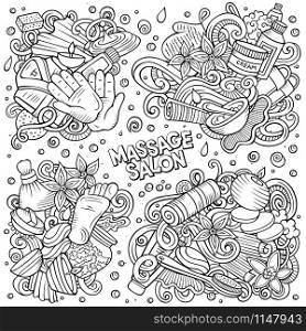Line art vector hand drawn doodles cartoon set of Massage combinations of objects and elements. All items are separate. Line art vector hand drawn doodles cartoon set of Massage combinations