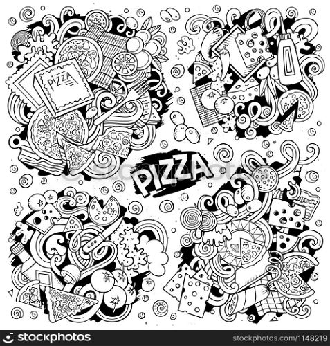Line art vector hand drawn doodles cartoon set of Pizza combinations of objects and elements. All items are separate. Line art vector hand drawn doodles cartoon set of Pizza combinations
