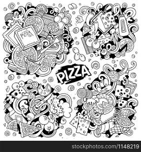 Line art vector hand drawn doodles cartoon set of Pizza combinations of objects and elements. All items are separate. Line art vector hand drawn doodles cartoon set of Pizza combinations