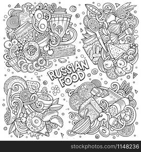 Line art vector hand drawn doodles cartoon set of Russian food combinations of objects and elements. All items are separate. Line art vector hand drawn doodles cartoon set of Russian food combinations