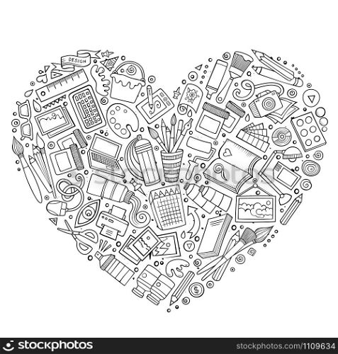 Line art vector hand drawn set of Art and Design cartoon doodle objects, symbols and items. Heart form composition. Set of Art and Design cartoon doodle objects